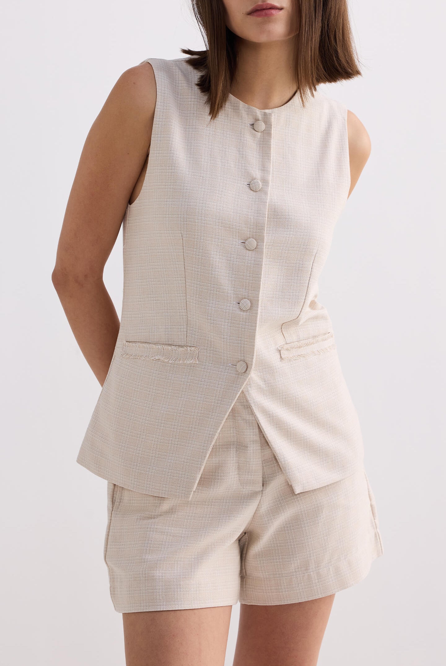 Cotton Tweed Vest Jacket Set in Cream Closeup