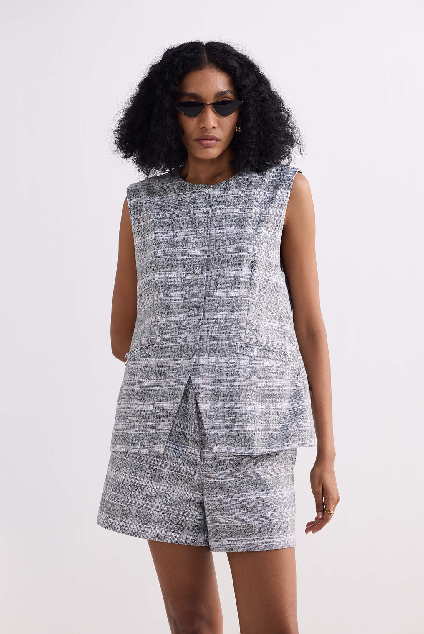 Cotton Tweed Vest Jacket Set in Grey Longshot