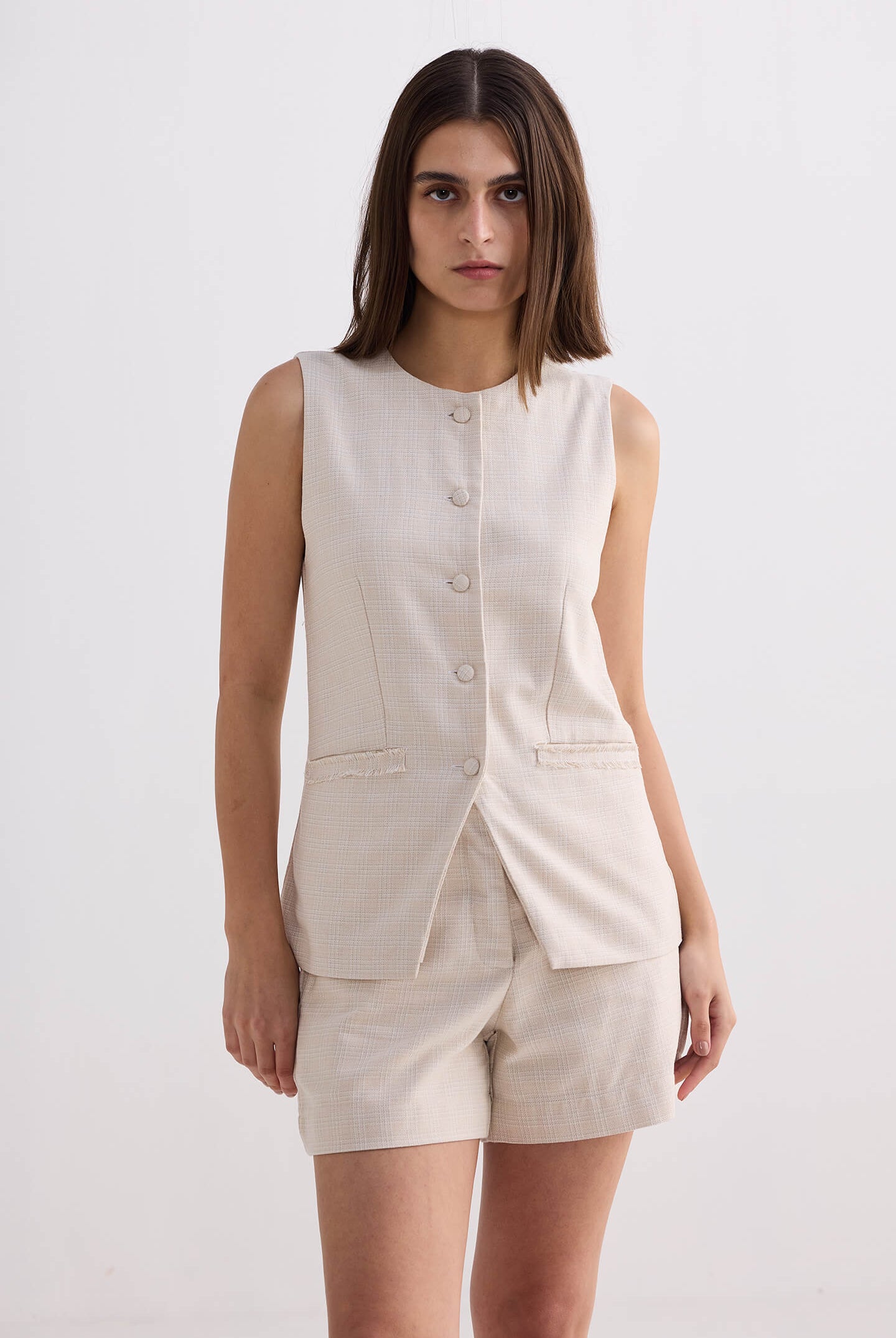 Cotton Tweed Vest Jacket Set in Cream Longshot