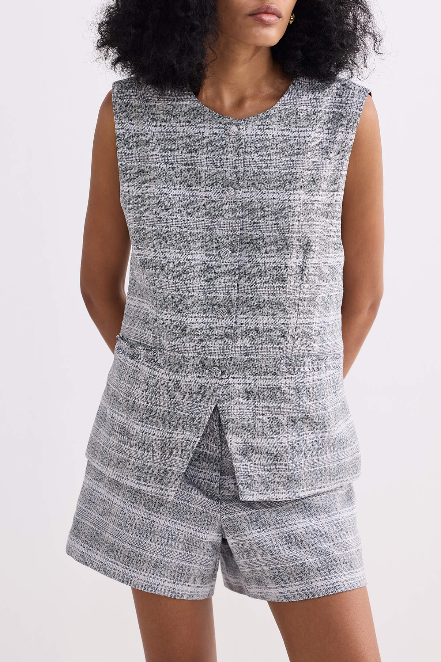 Cotton Tweed Vest Jacket Set in Grey Closeup