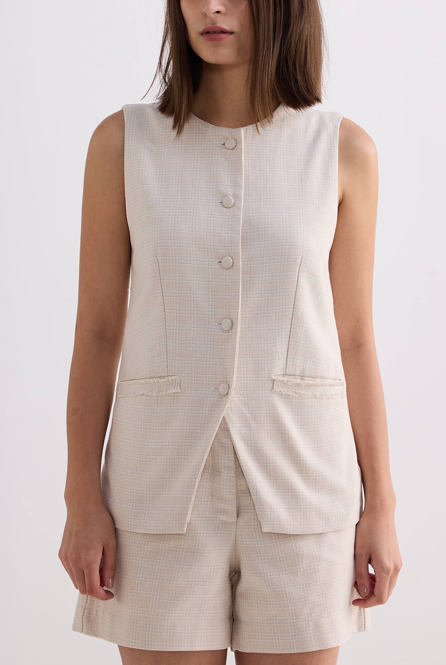 Cotton Tweed Vest Jacket Set in Cream Closeup