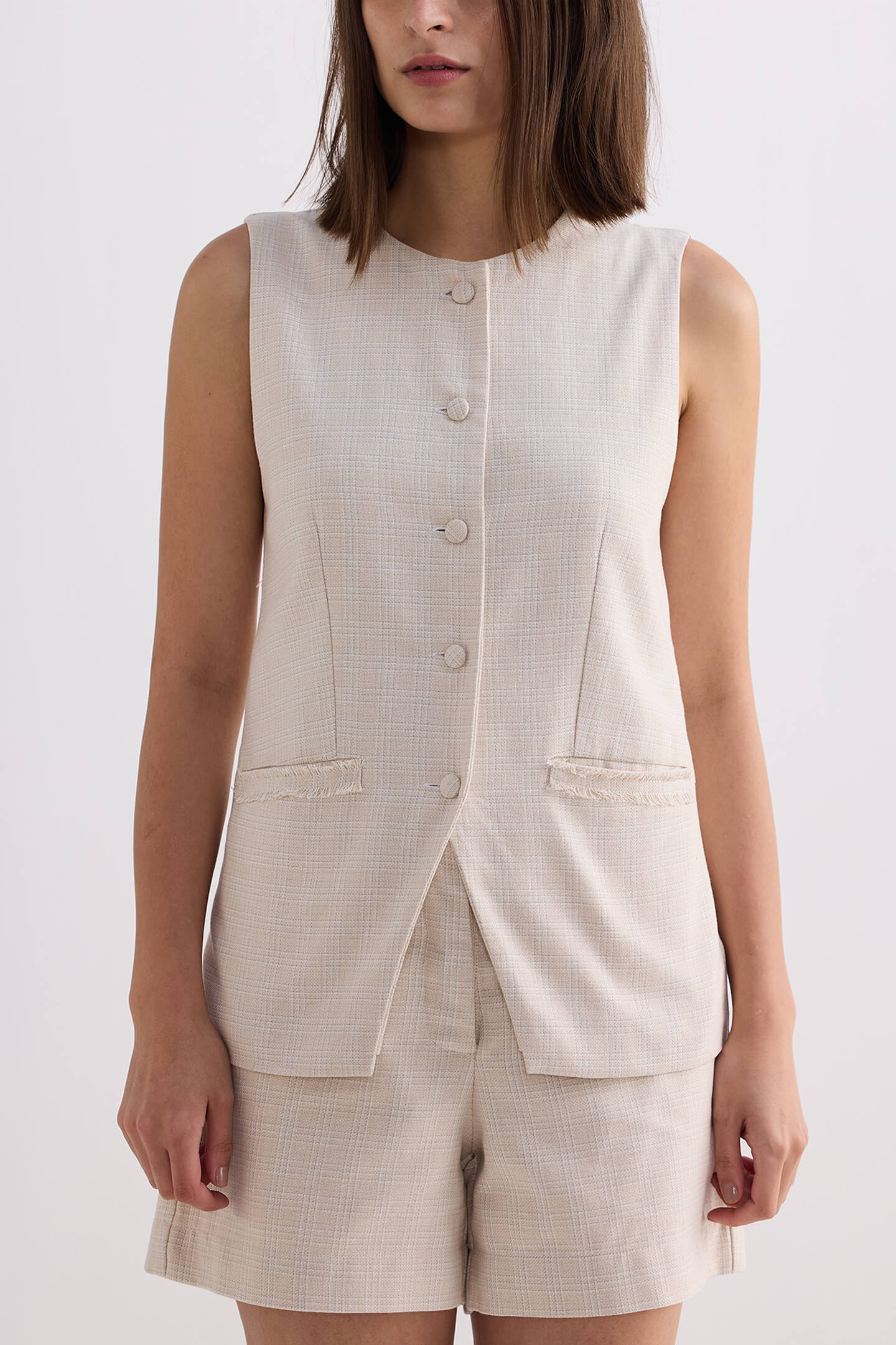 Cotton Tweed Vest Jacket Set in Cream Closeup