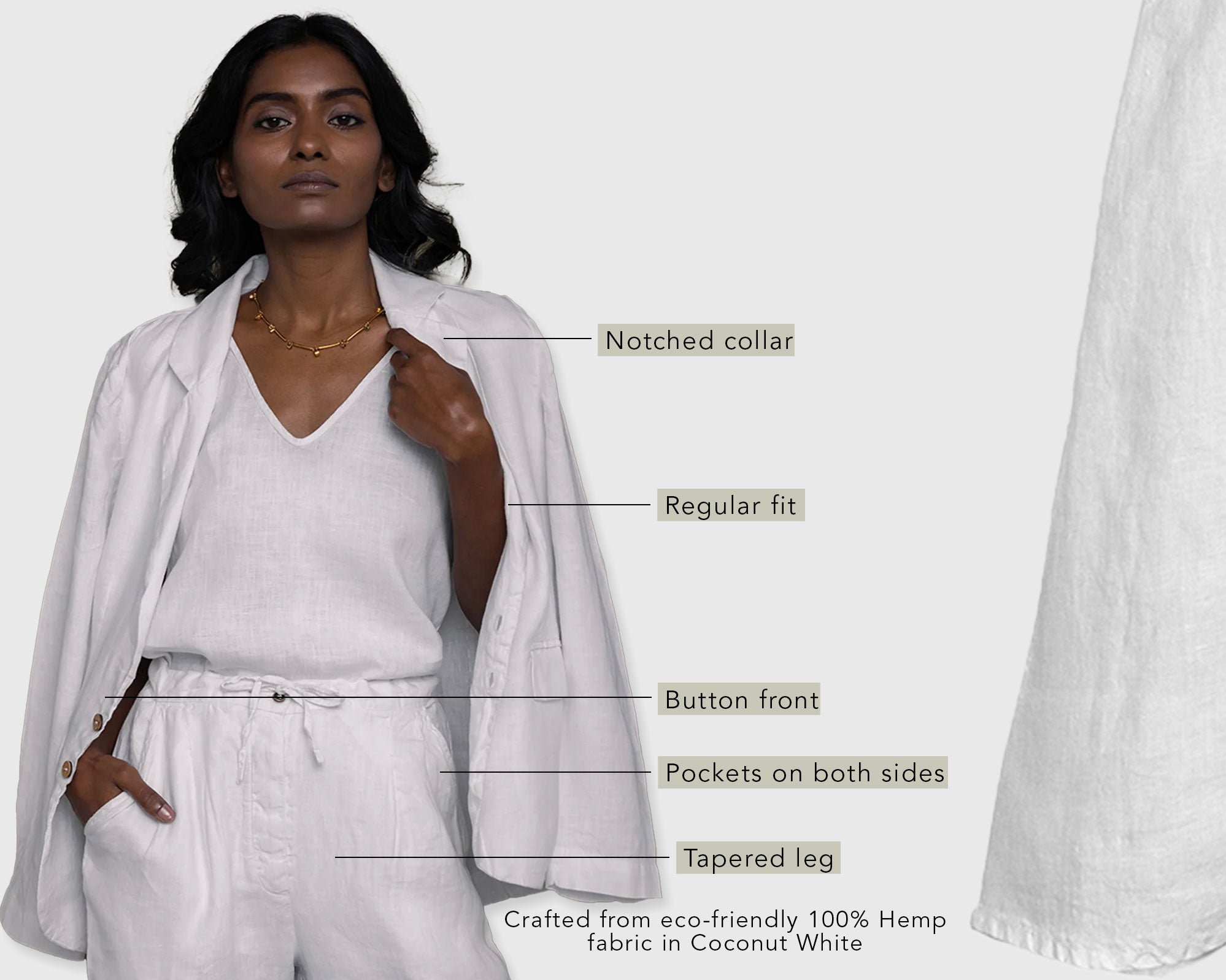 Woman wearing a white outfit with text labels on a white background