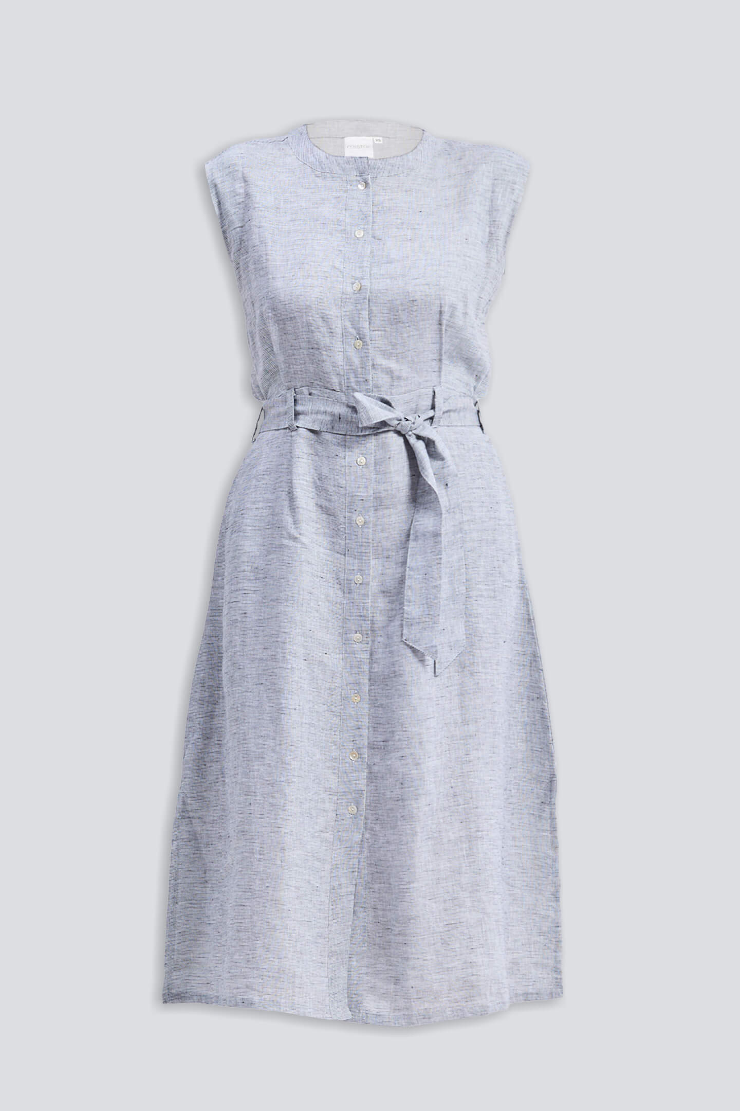 Product image of reistor Back Cut Out Linen Dress in light grey, sleeveless linen midi dress with front button placket and matching waist tie belt.