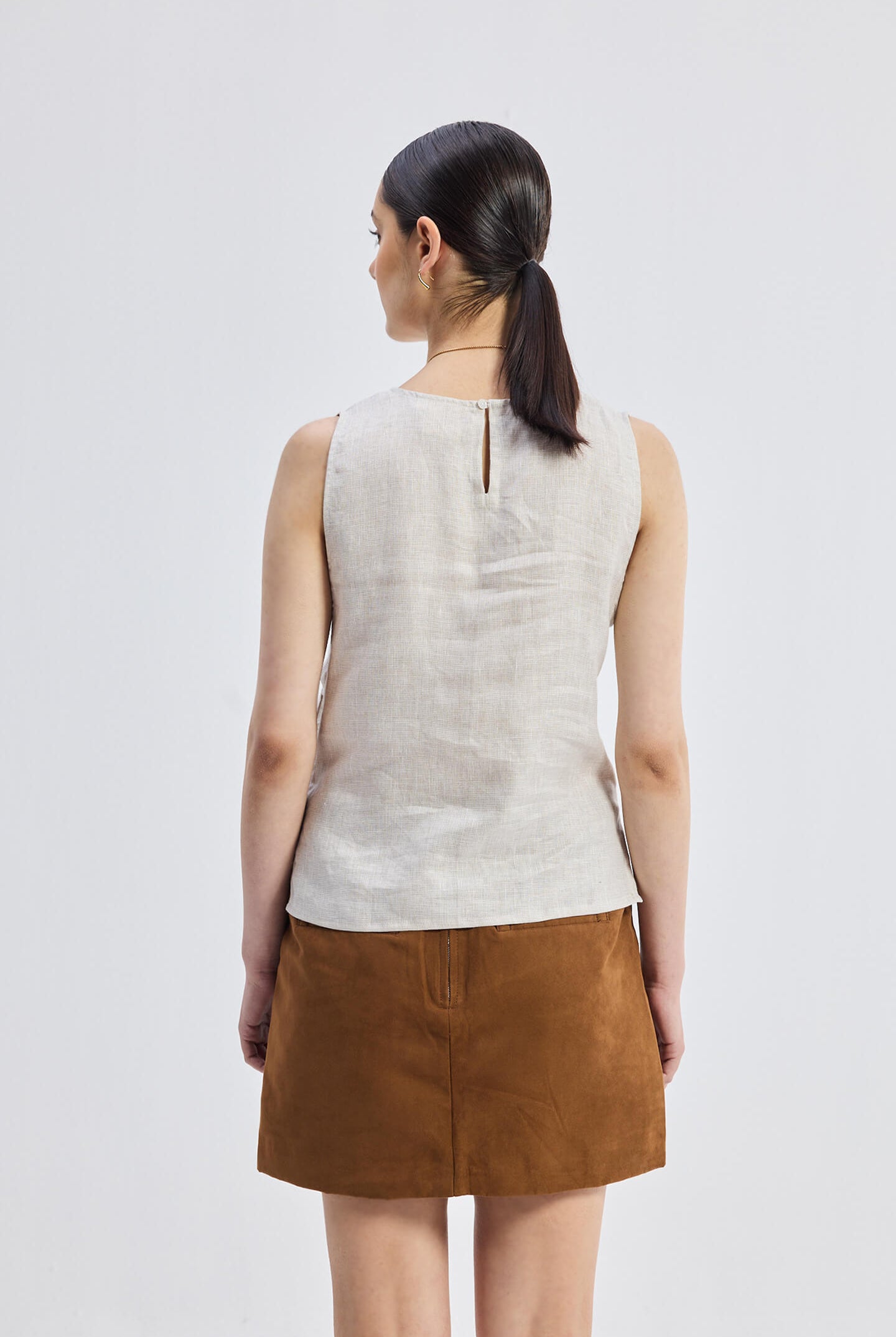 Boat Neck Top in Checkered Linen Long Shot