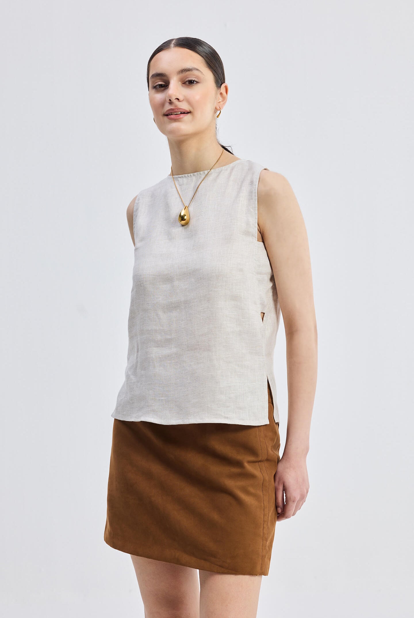 Boat Neck Top in Checkered Linen Long Shot