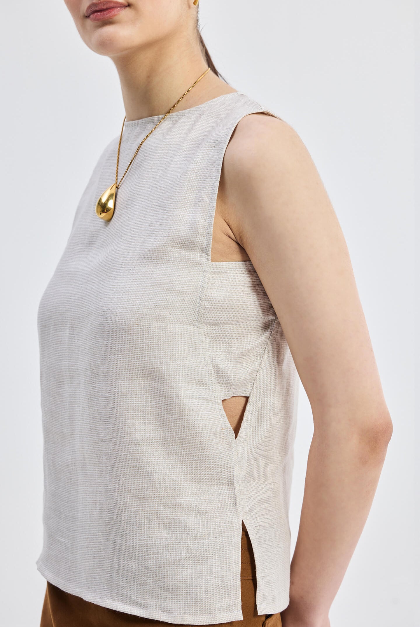 Boat Neck Top in Checkered Linen Closeup Shot