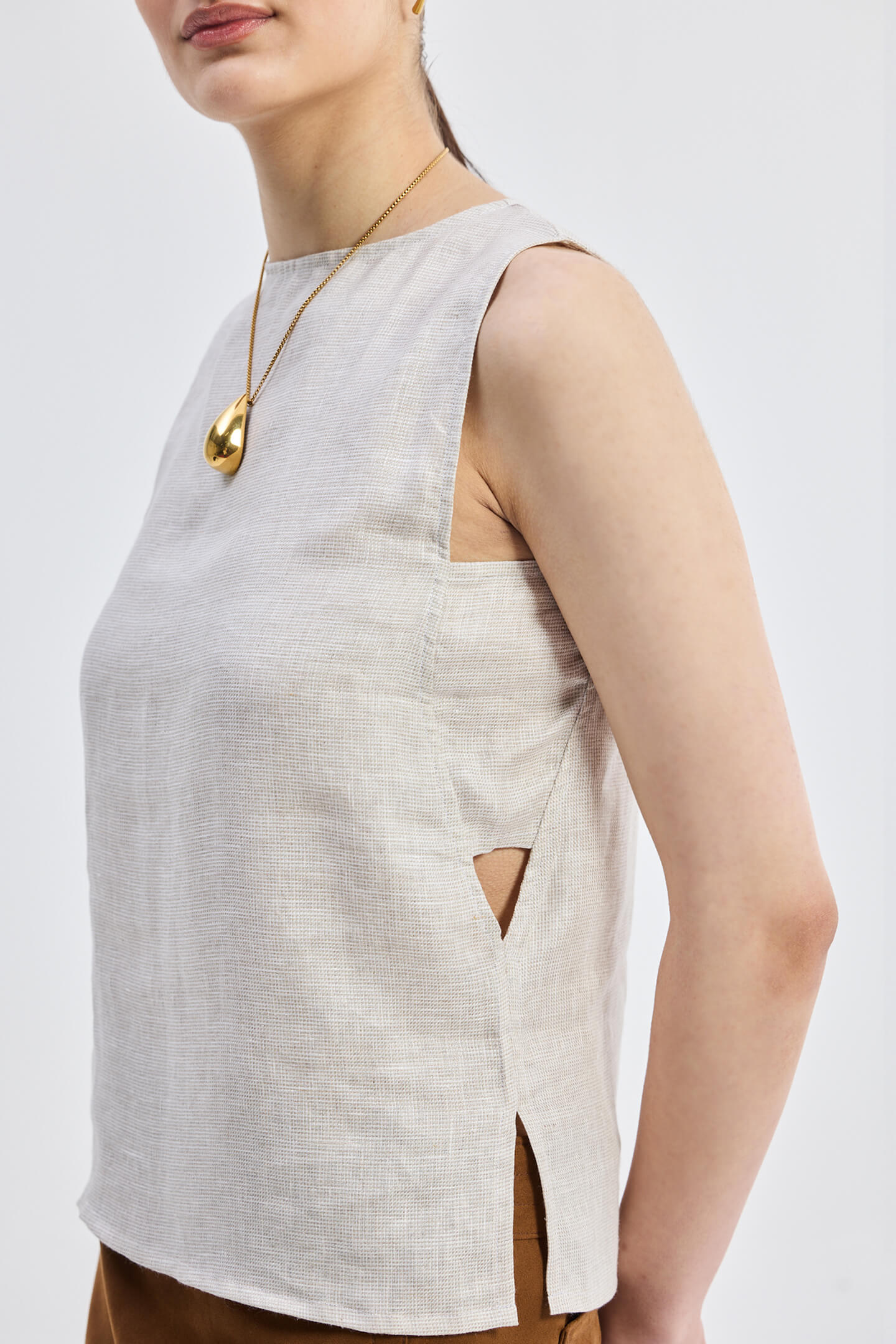 Boat Neck Top in Checkered Linen Closeup Shot