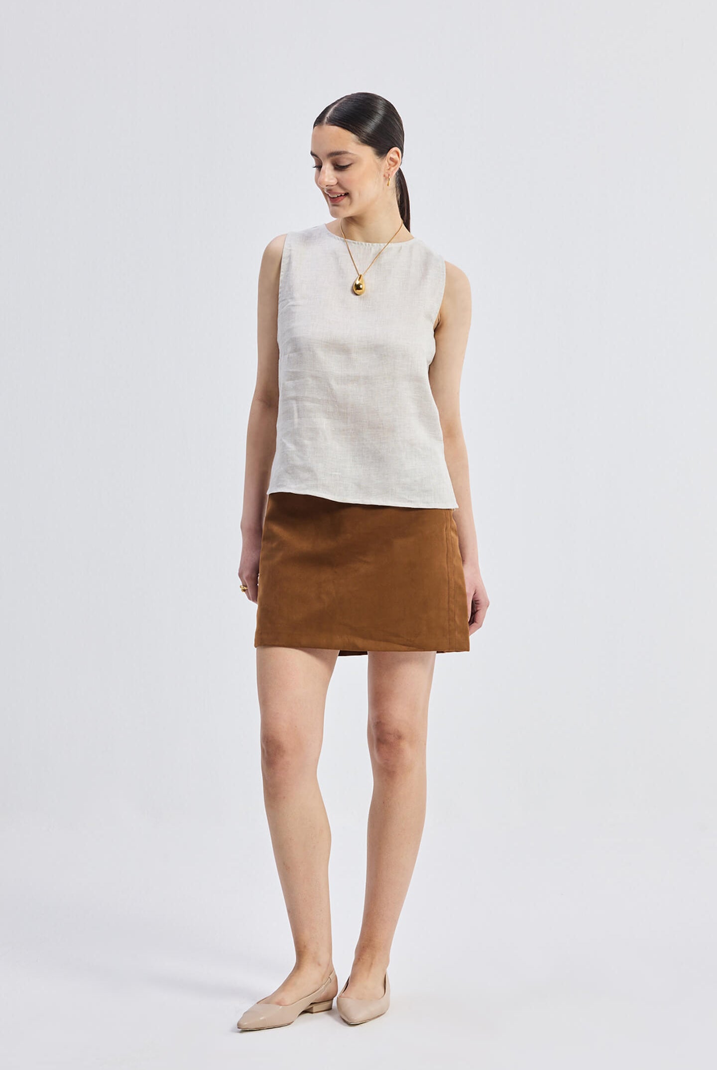 Boat Neck Top in Checkered Linen Long Shot