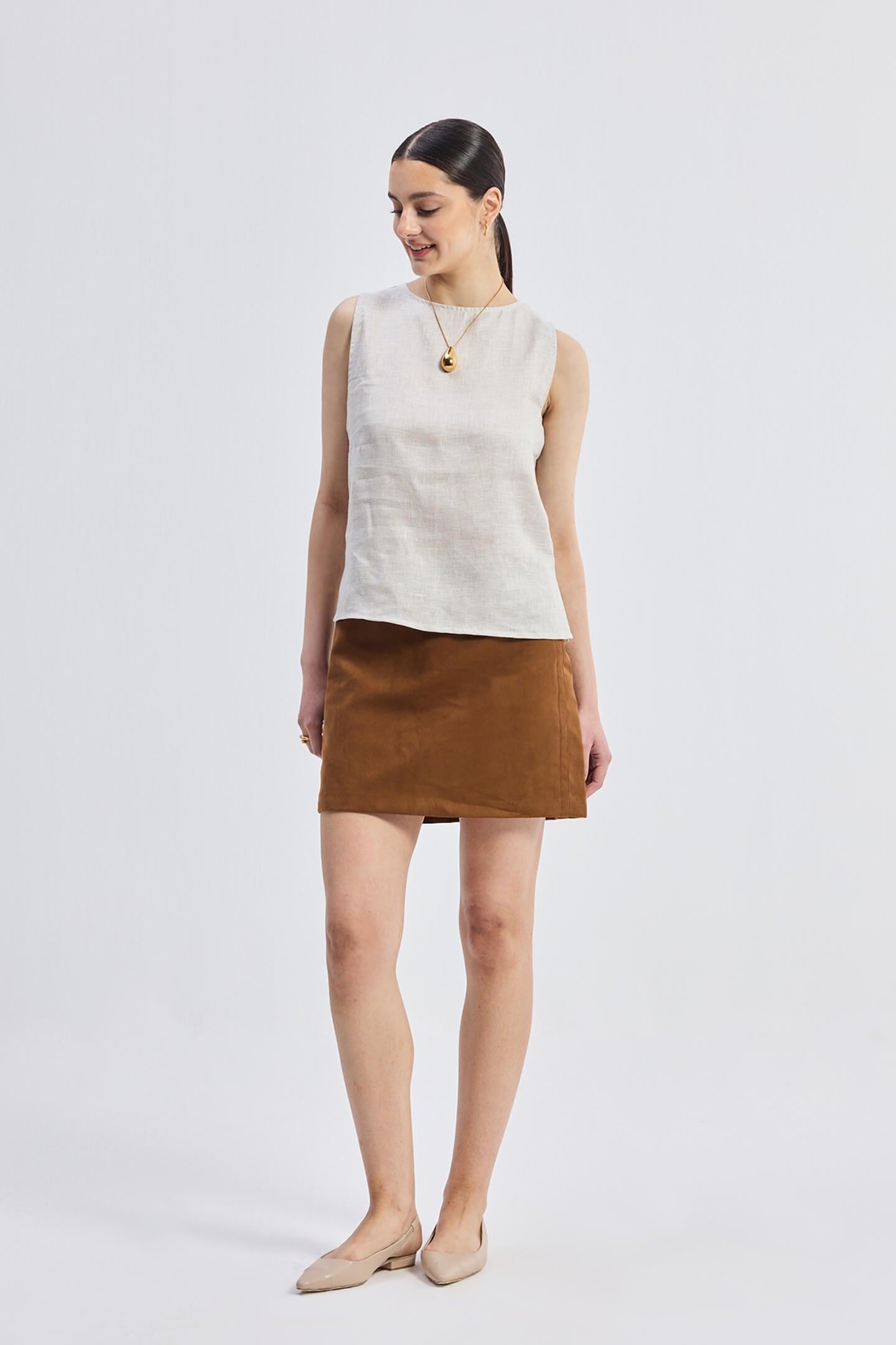 Boat Neck Top in Checkered Linen Long Shot