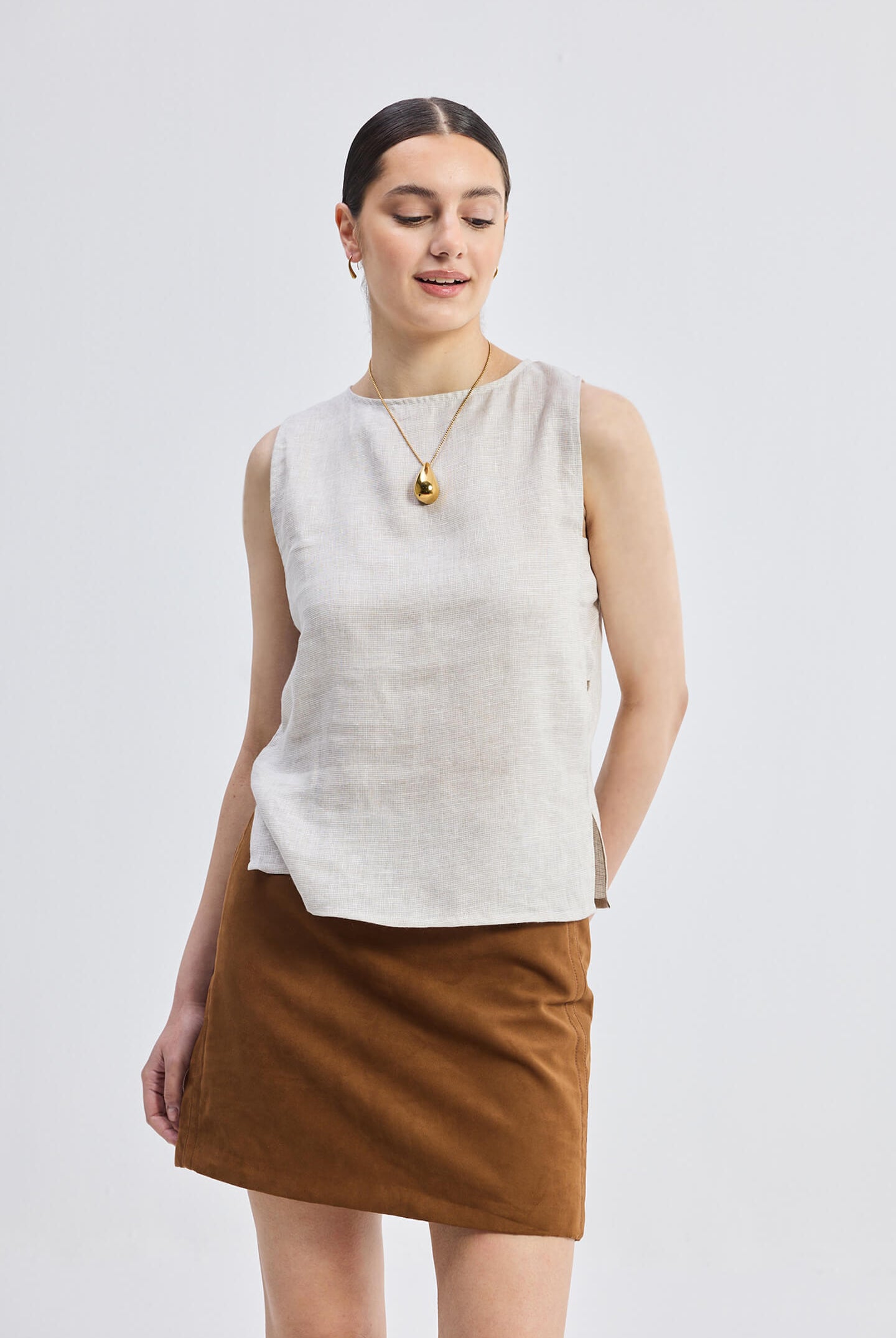 Boat Neck Top in Checkered Linen Medium Shot