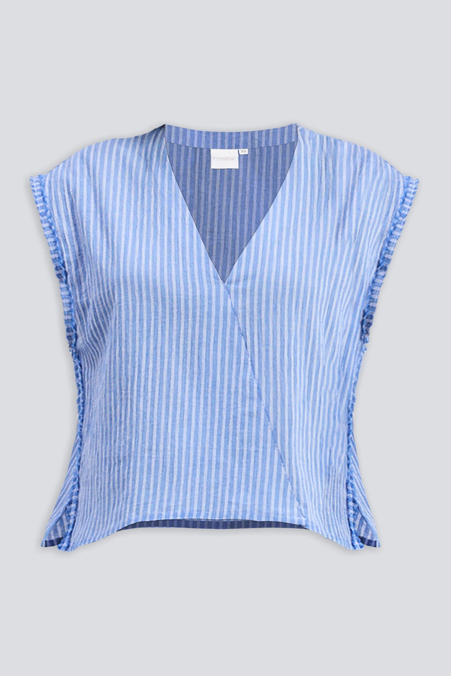 Boxy V-neck Top with Fray Detail by Reistor featuring blue and white vertical stripes and frayed edge accents.