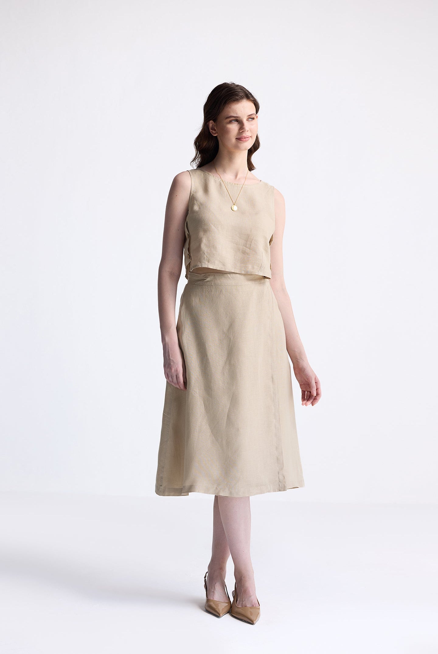 Breezy Summer Set in Neutral Beige by reistor – women’s sleeveless co-ord top and midi skirt in sustainable fabric
