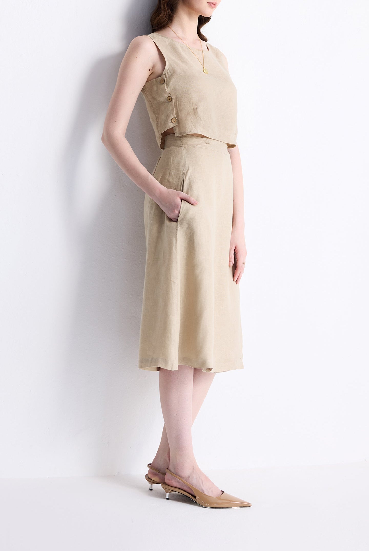 Breezy Summer Set in Neutral Beige by reistor – stunning women’s co-ord set with sleeveless top, midi skirt and sustainable fabric.