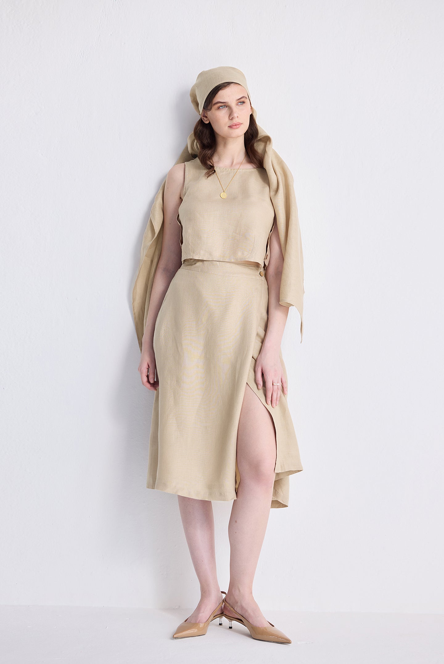 Breezy Summer Set in Neutral Beige by reistor – sustainable sleeveless top and midi skirt co-ord for women