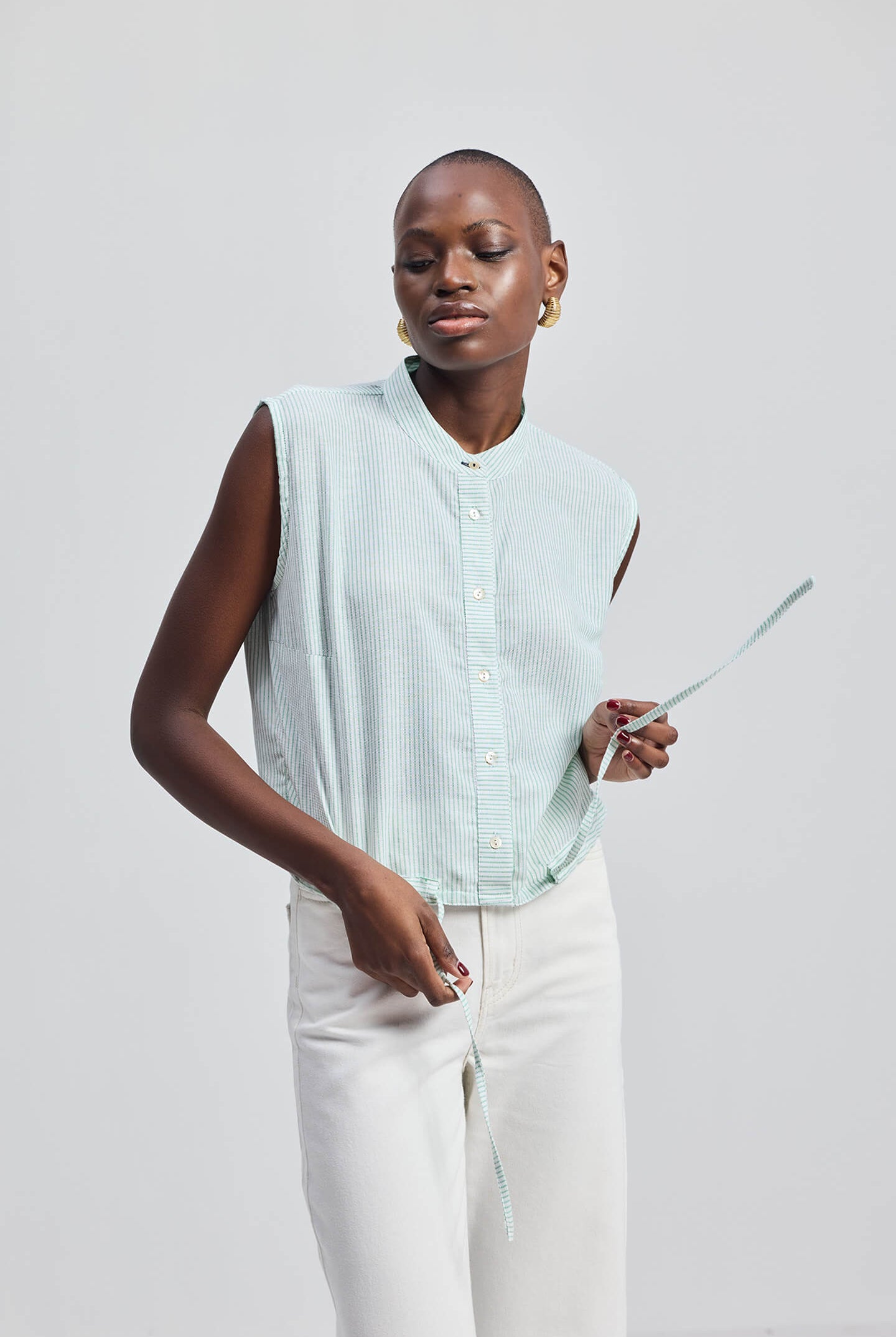 Button-down Shirt with Waist Drawstring in Stripes Longshot