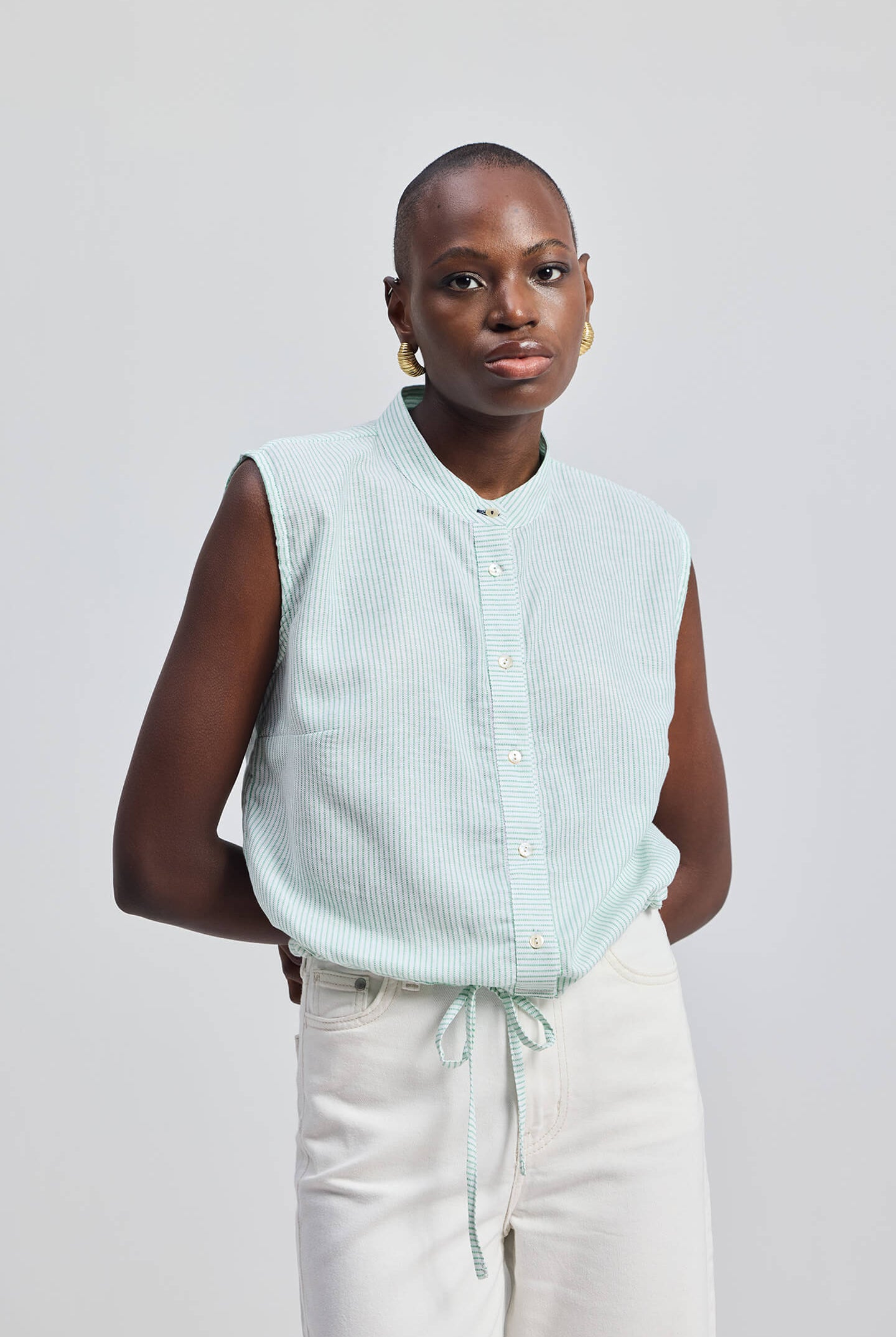 Button-down Shirt with Waist Drawstring in Stripes Longshot