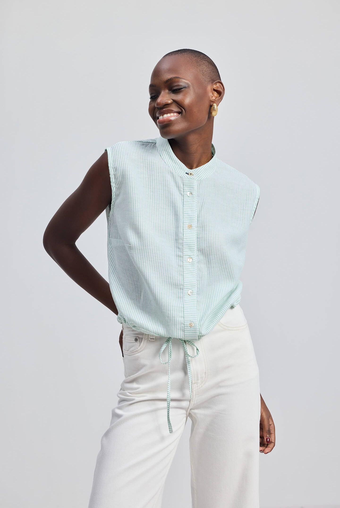 Button-down Shirt with Waist Drawstring in Stripes Longshot