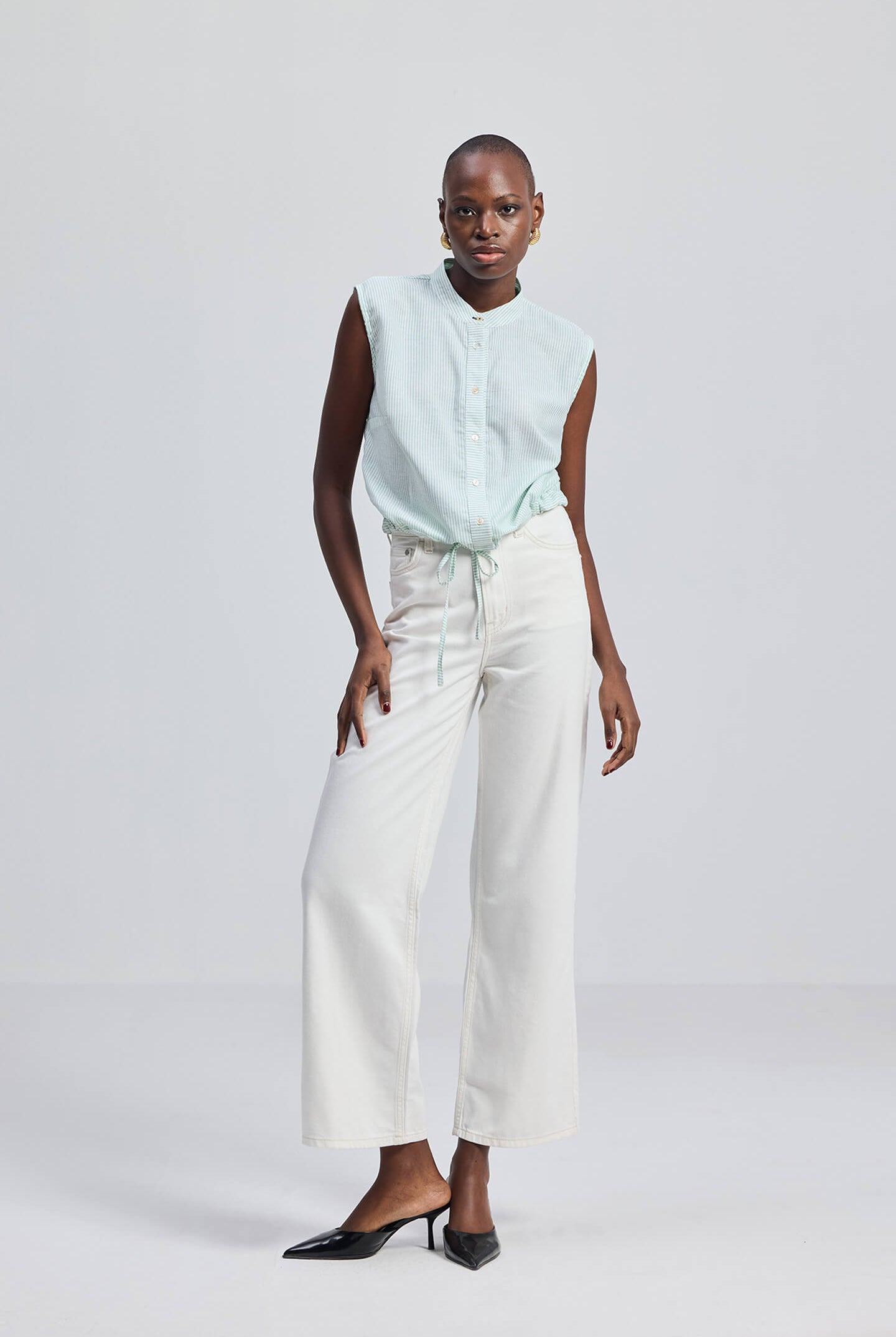 Button-down Shirt with Waist Drawstring in Stripes Longshot