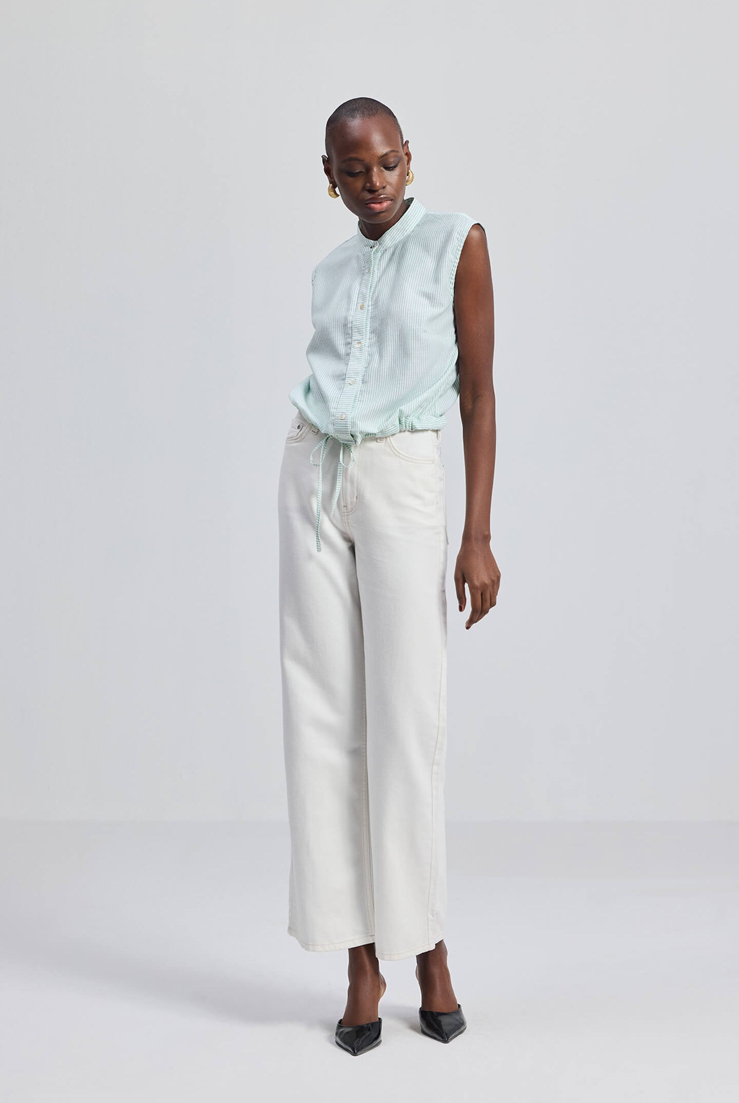 Button-down Shirt with Waist Drawstring in Stripes Longshot