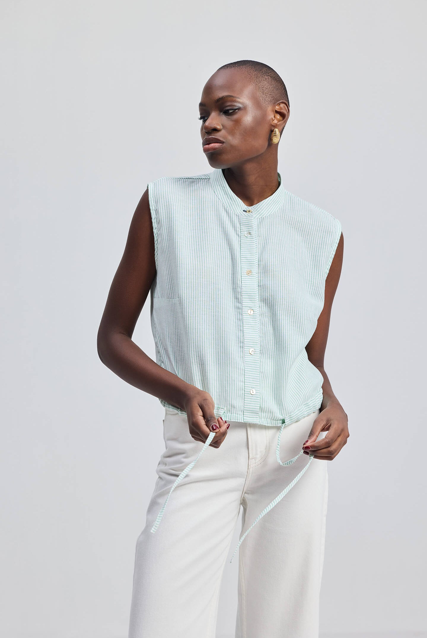 Button-down Shirt with Waist Drawstring in Stripes Longshot
