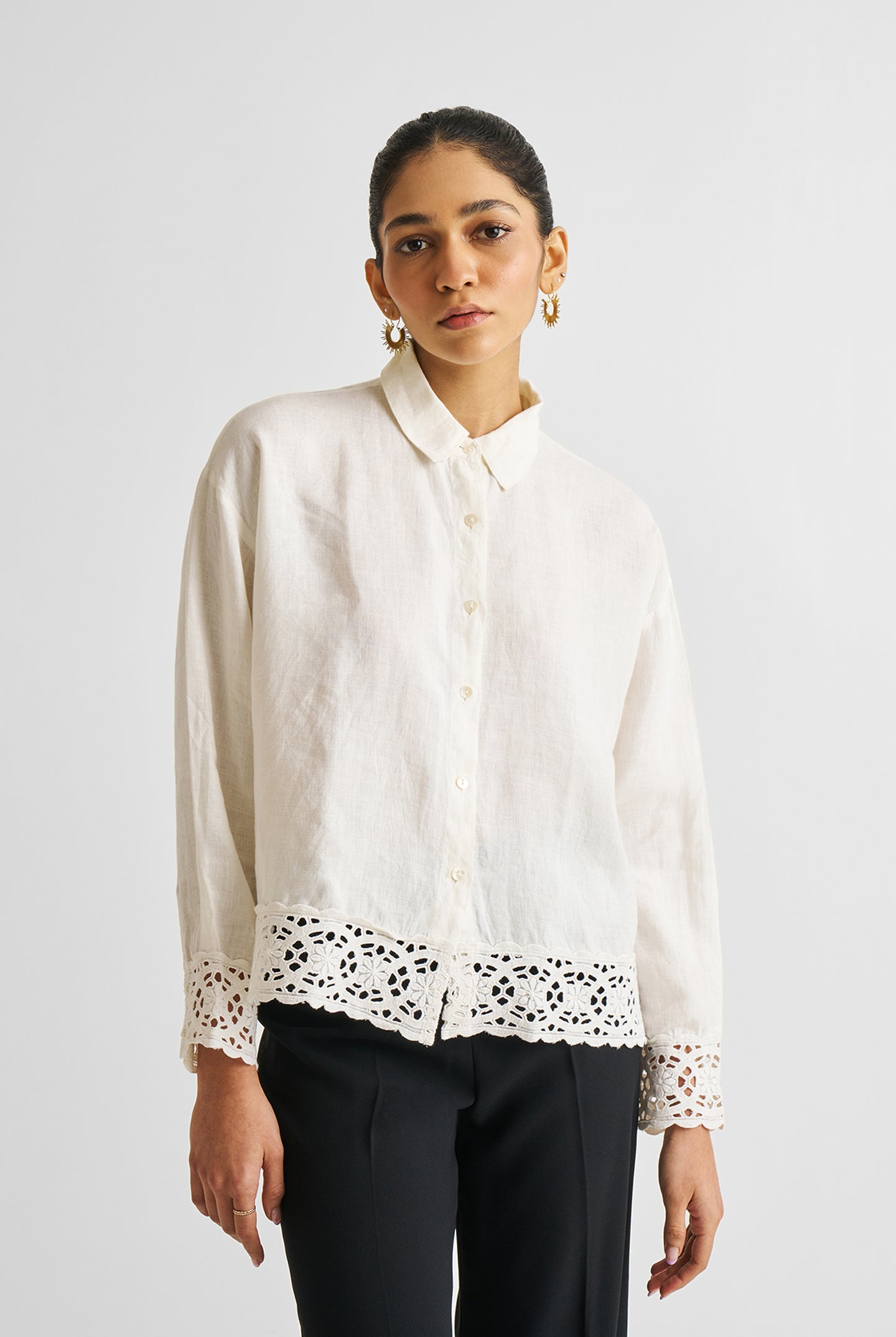 Button-down with Lace Shirt in Off-white Medium Shot