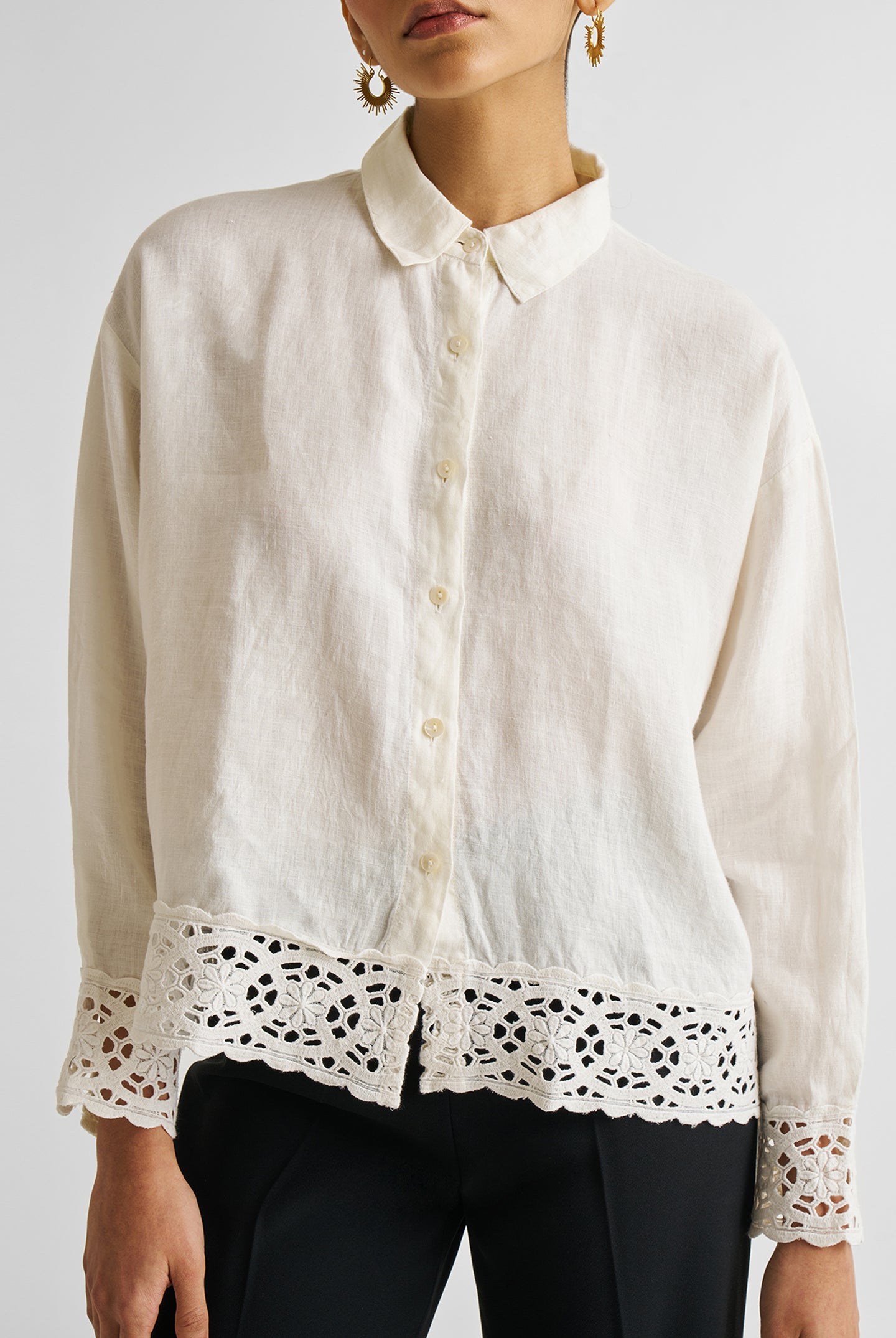 Button-down with Lace Shirt in Off-white Medium Shot