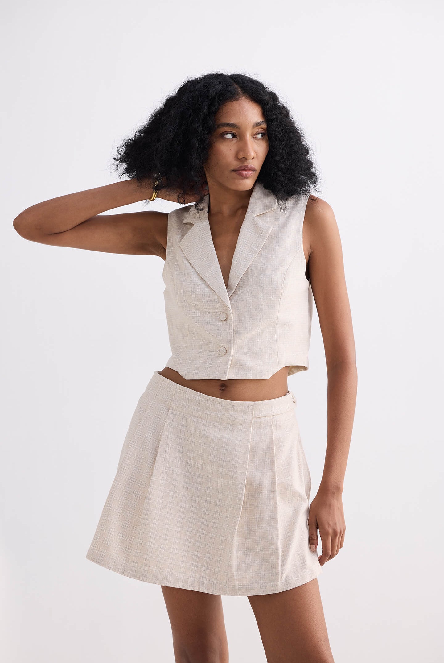 Cropped Cotton Tweed Vest Set in Cream Longshot