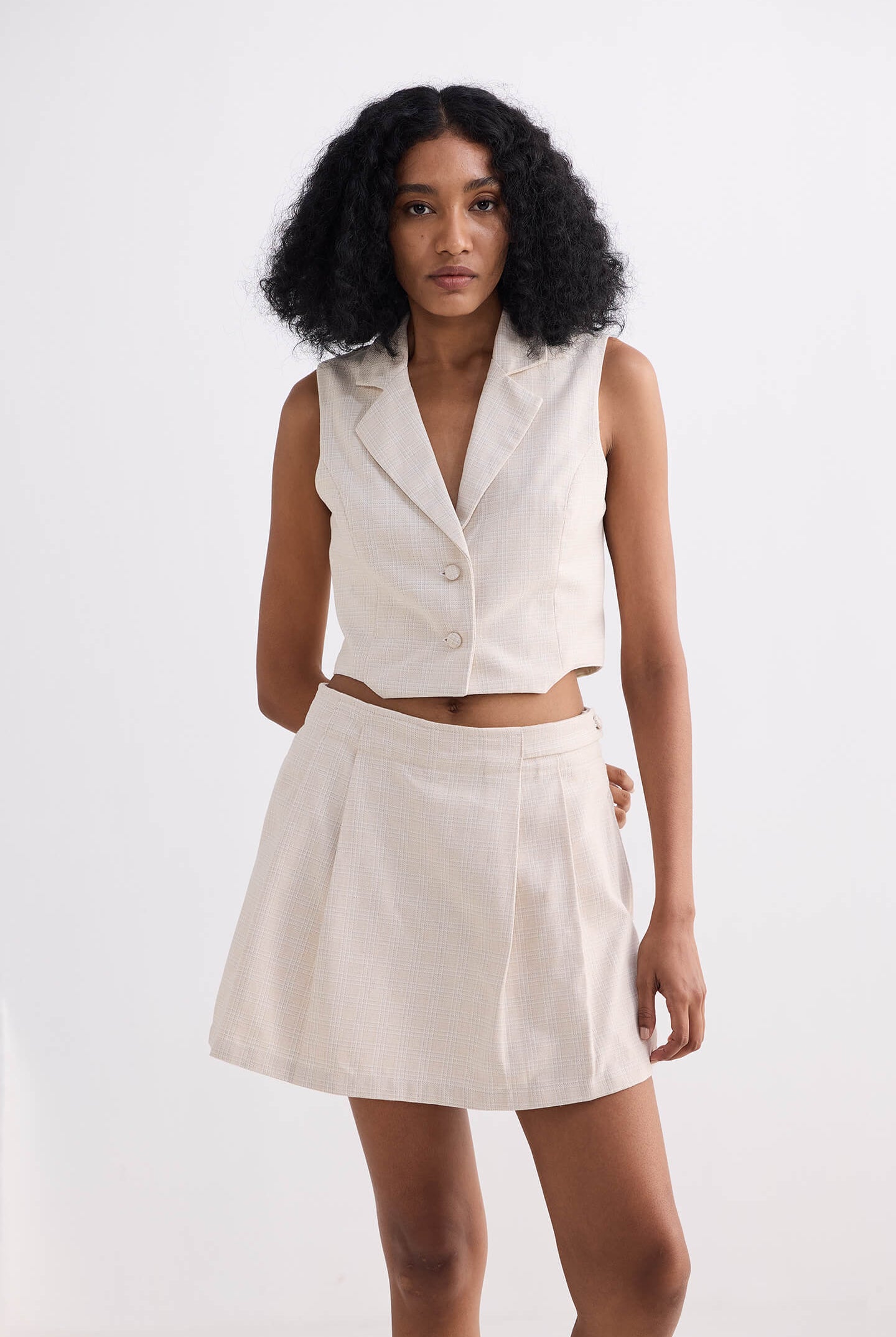 Cropped Cotton Tweed Vest Set in Cream Longshot