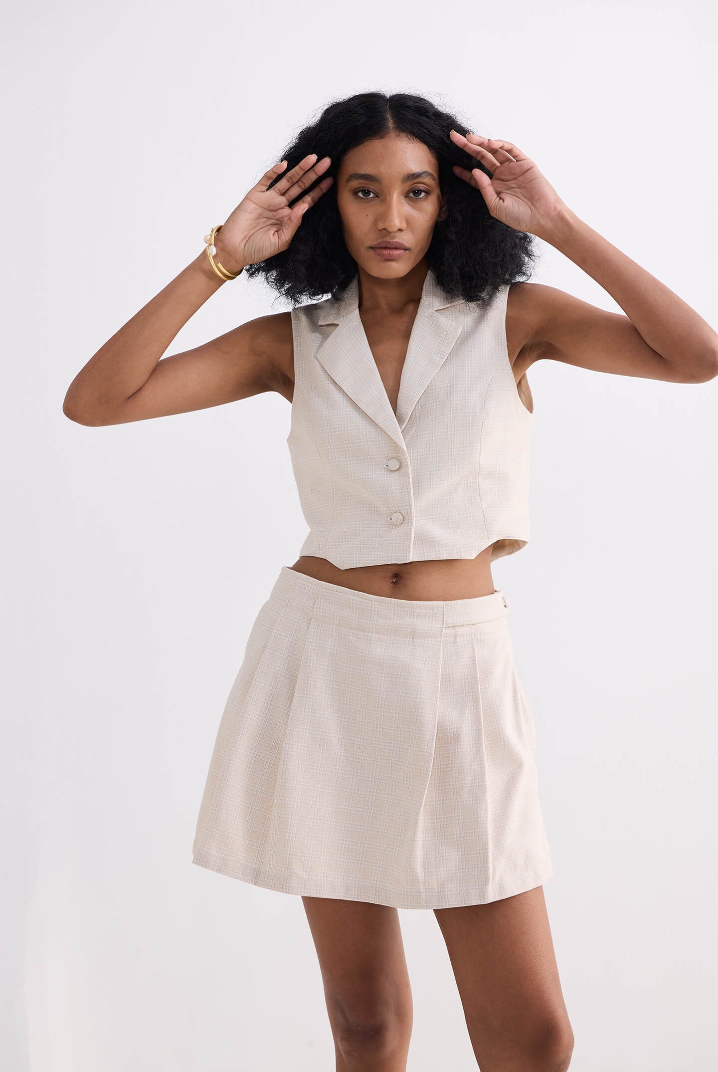 Cropped Cotton Tweed Vest Set in Cream Longshot