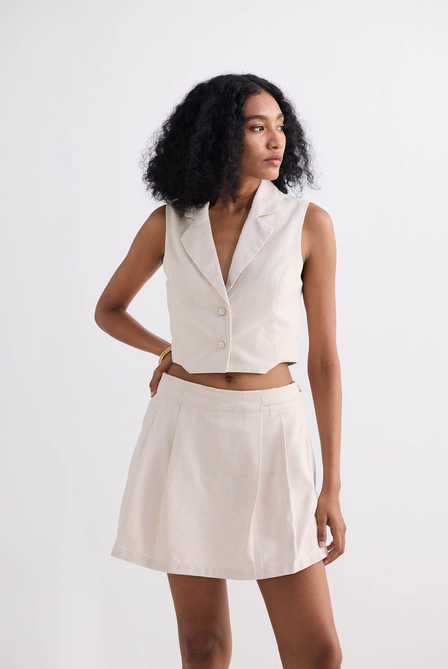Cropped Cotton Tweed Vest Set in Cream Longshot