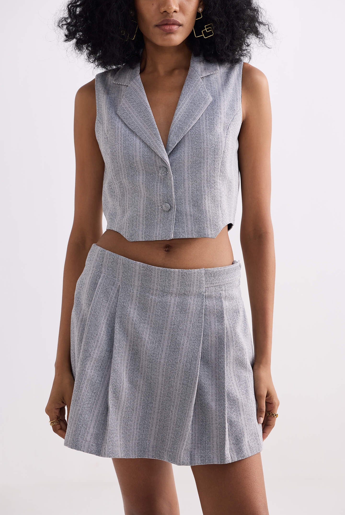 Cropped Cotton Tweed Vest Set in Grey Closeup