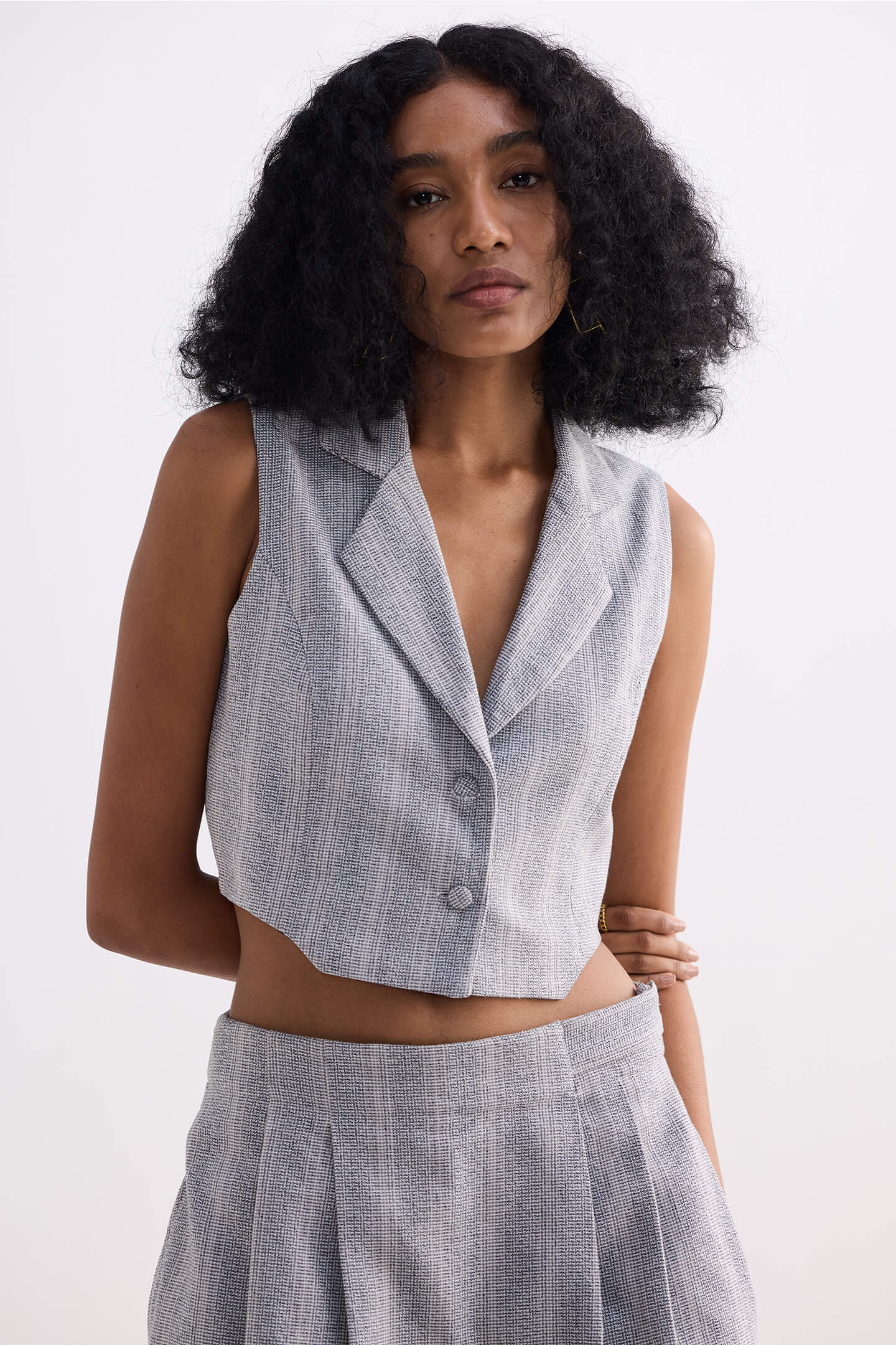 Cropped Cotton Tweed Vest Set in Grey - OLD BUNDLE