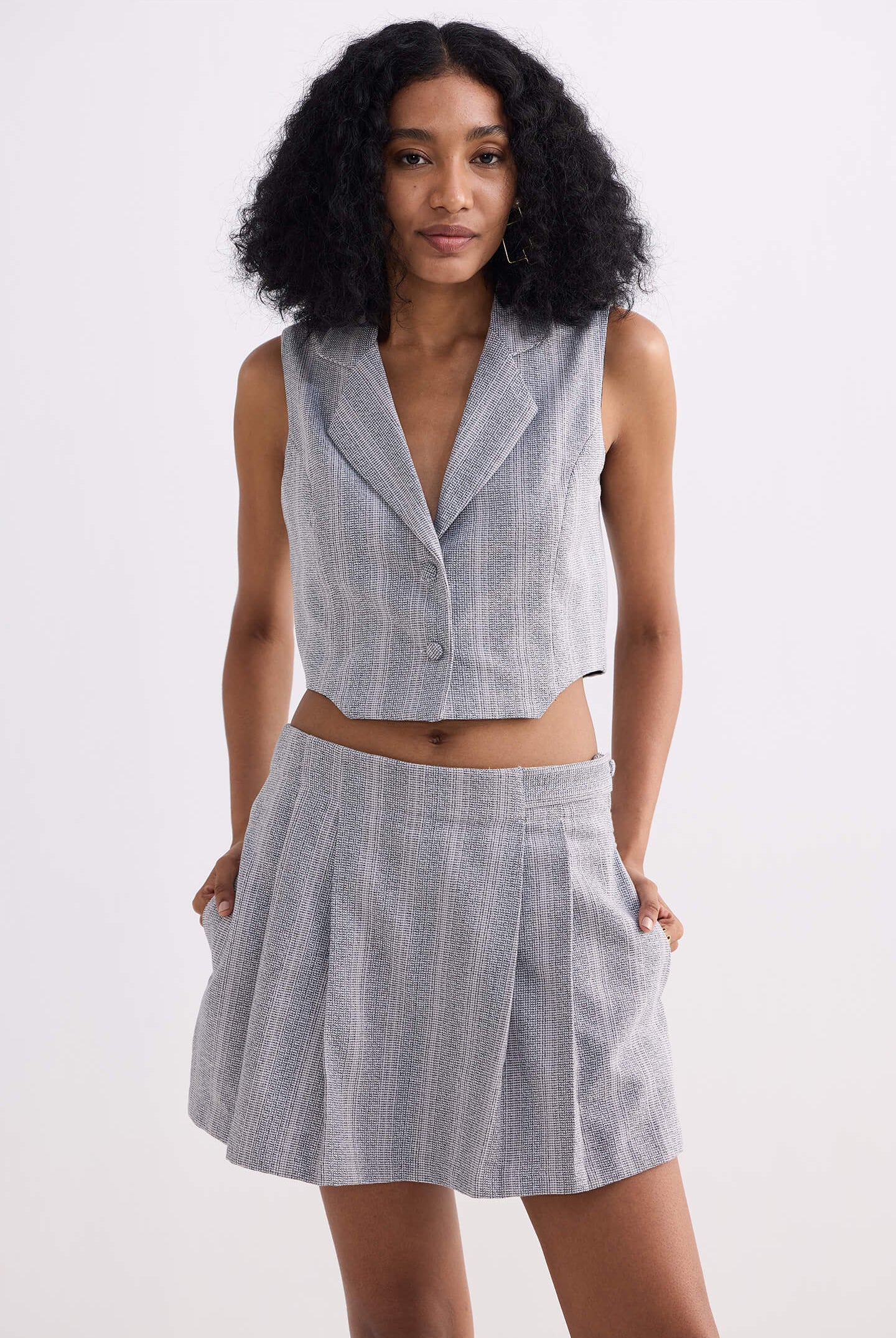 Cropped Cotton Tweed Vest Set in Grey Longshot
