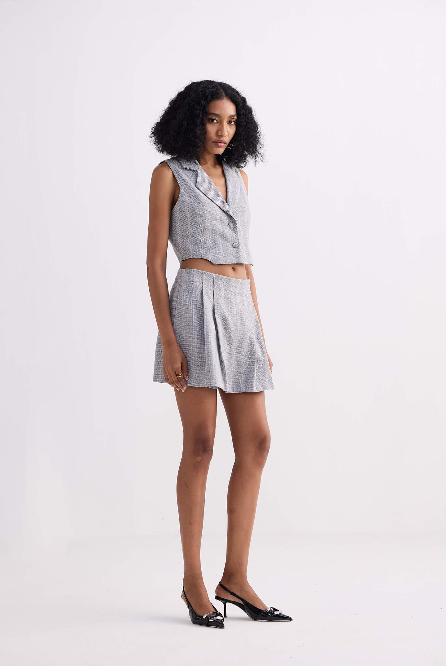 Cropped Cotton Tweed Vest Set in Grey Longshot