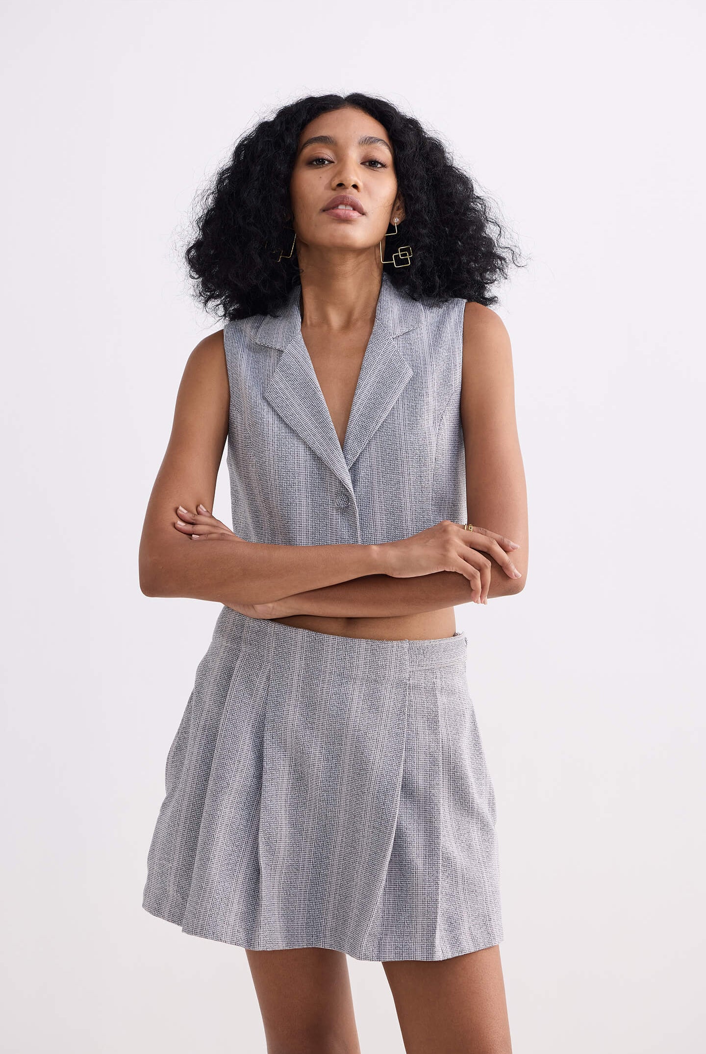 Cropped Cotton Tweed Vest Set in Grey Longshot