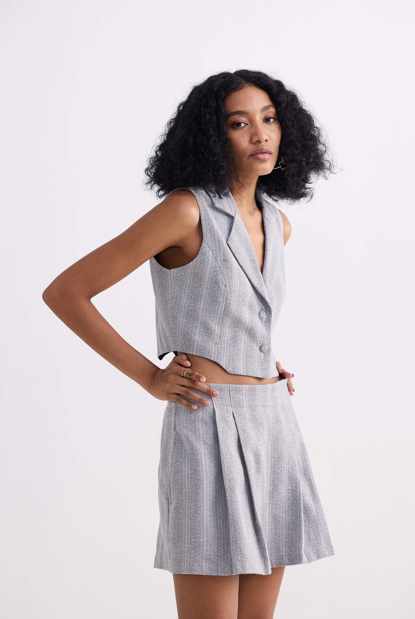 Cropped Cotton Tweed Vest Set in Grey Longshot