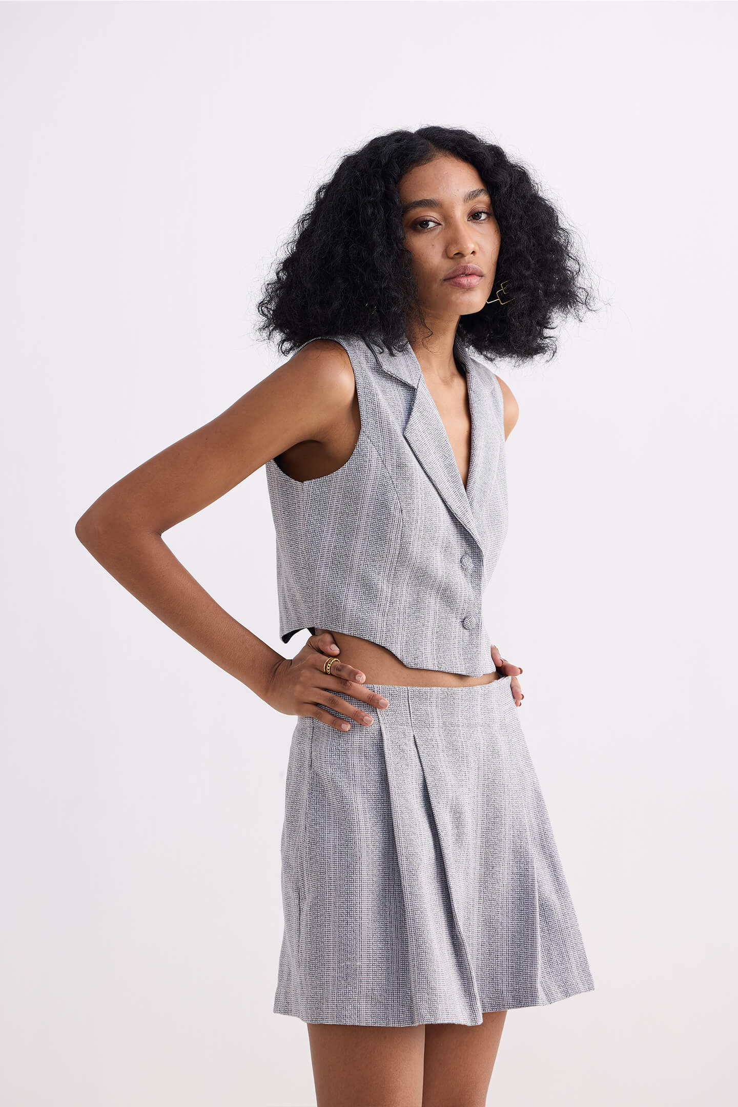Cropped Cotton Tweed Vest Set in Grey Longshot