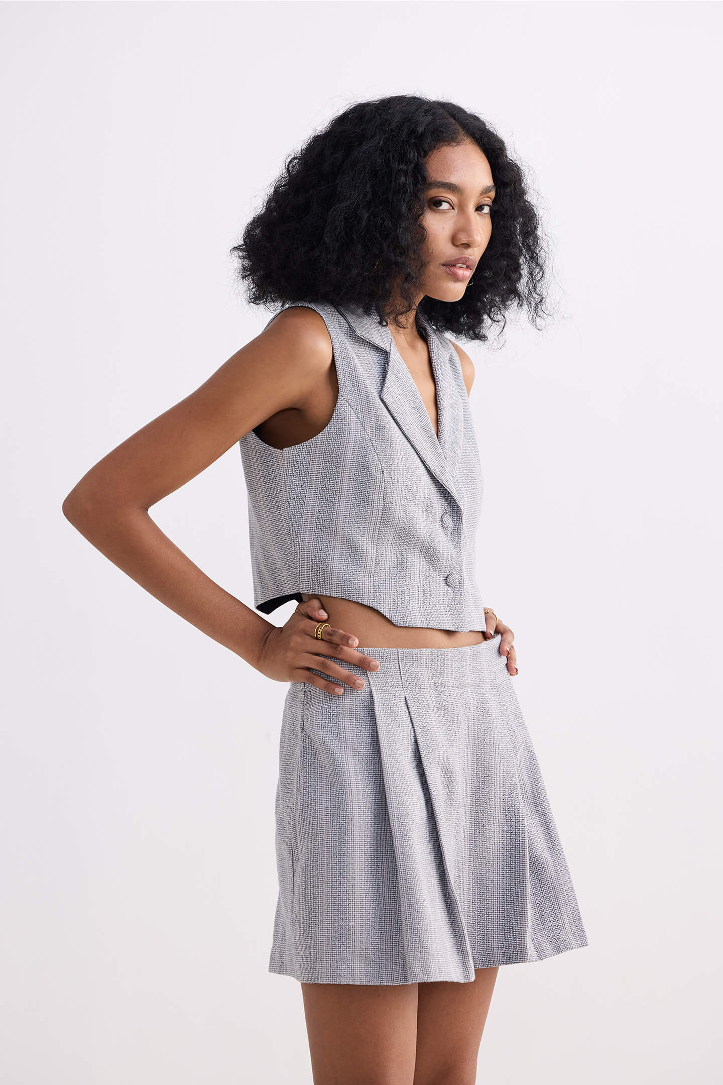 Cropped Cotton Tweed Vest Set in Grey - OLD BUNDLE
