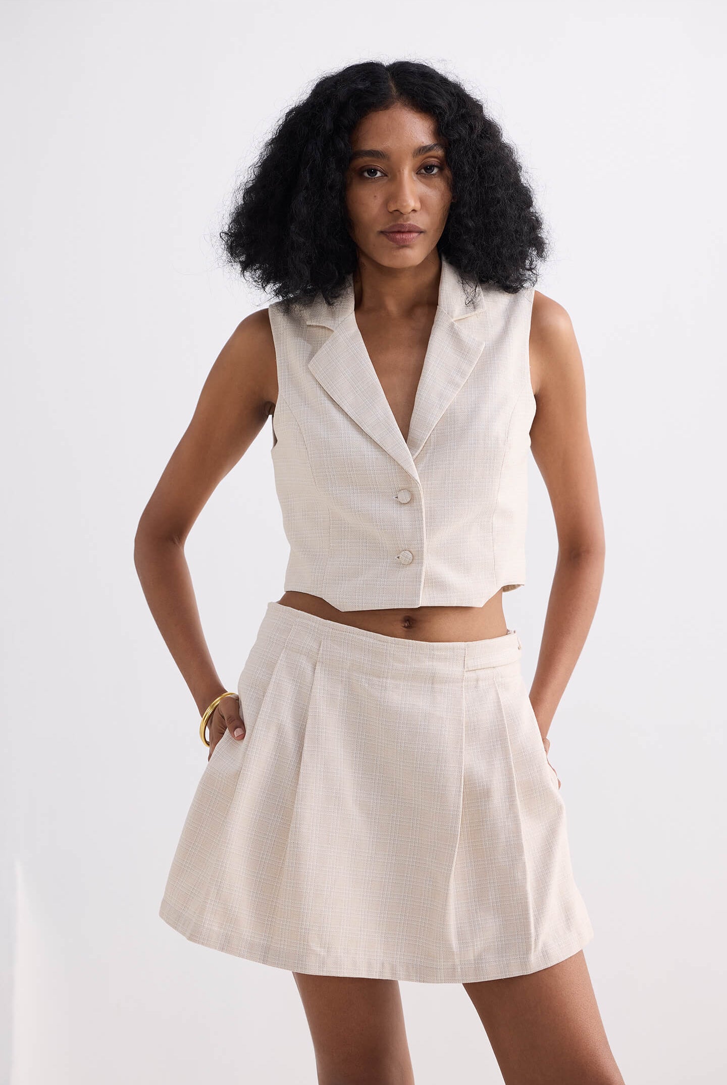 Cropped Cotton Tweed Vest in Cream Longshot