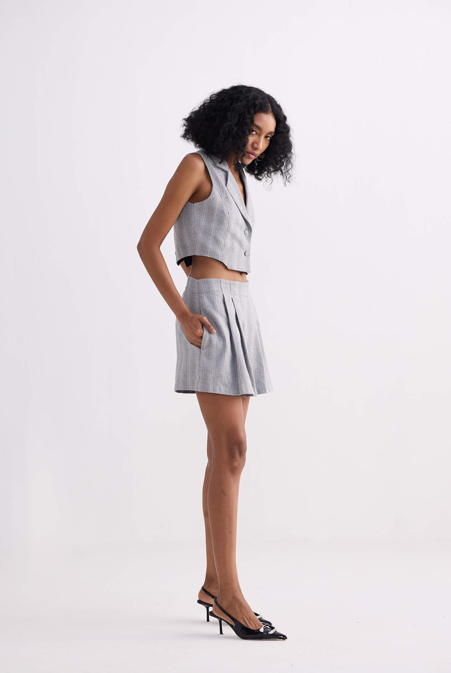 Cropped Cotton Tweed Vest in Grey Longshot