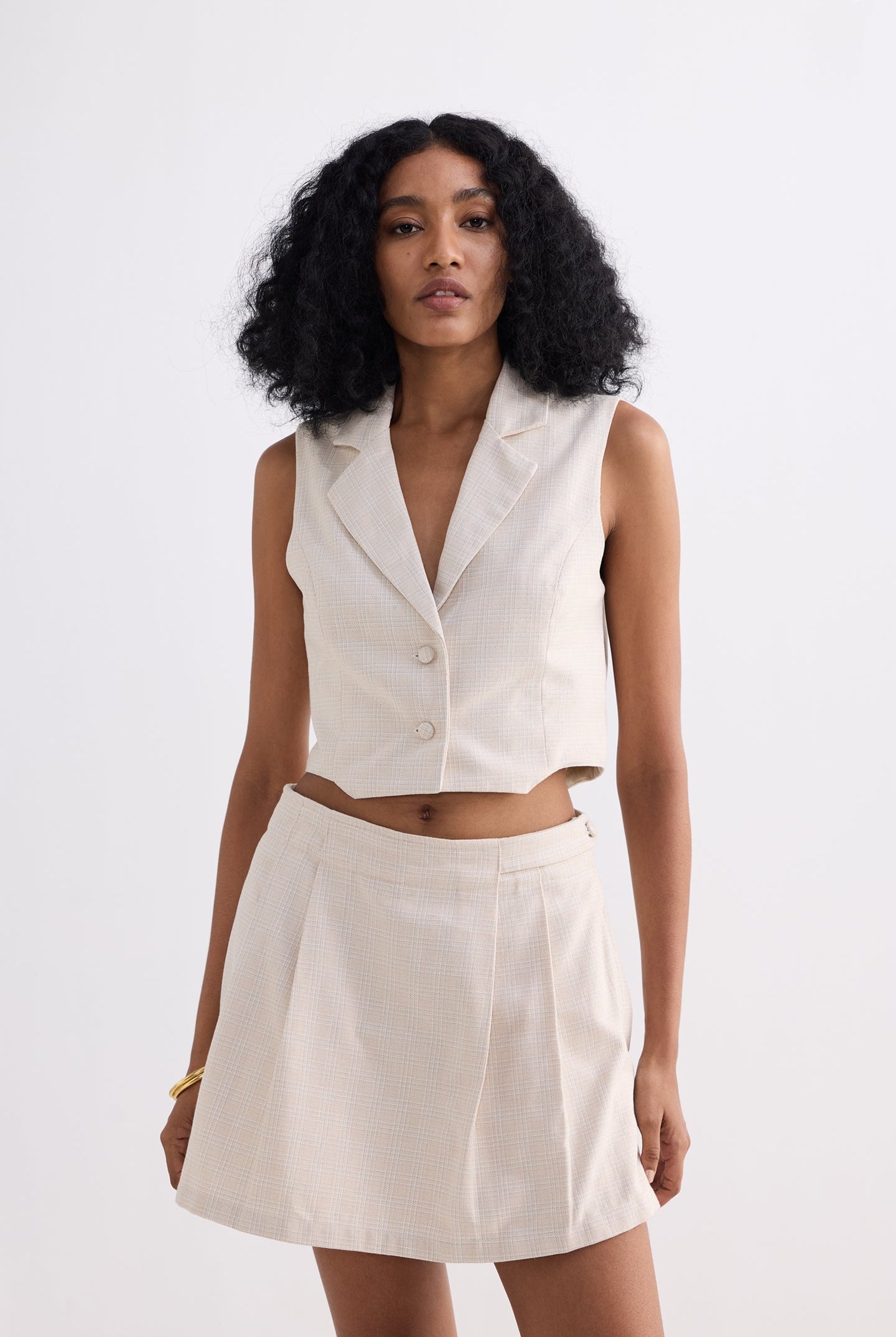 Cropped Cotton Tweed Vest Set in Cream Longshot