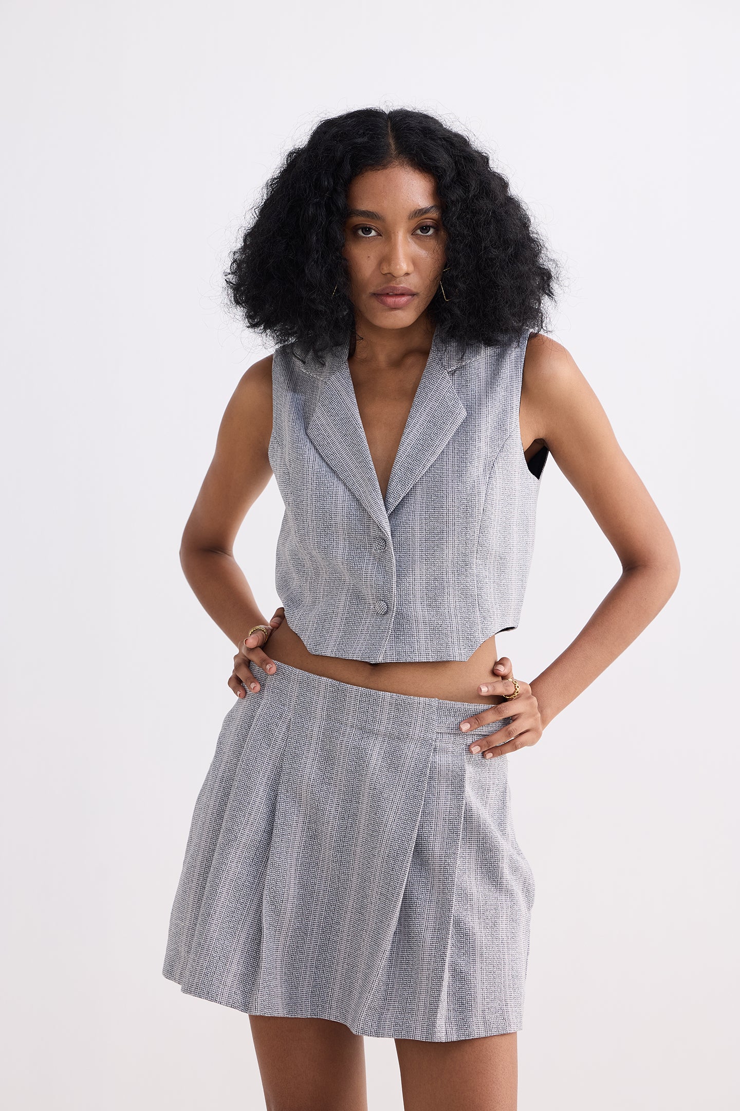 Cropped Cotton Tweed Vest Set in Grey - OLD BUNDLE