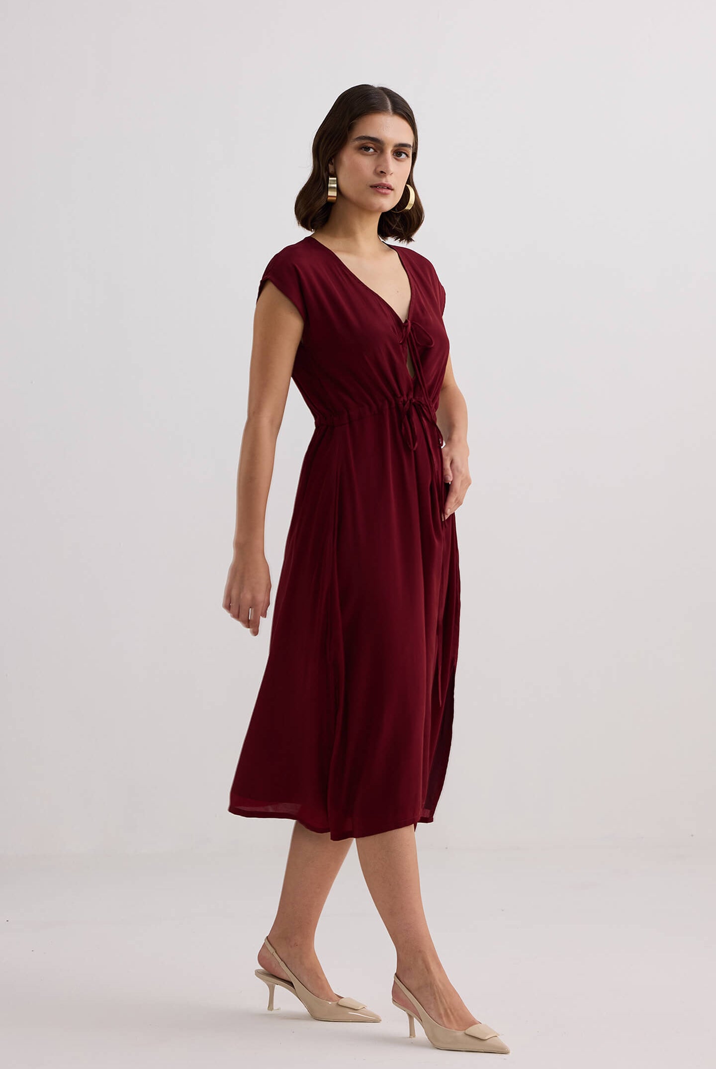 Deep V-neck Gathered Dress in Burgundy Longshot