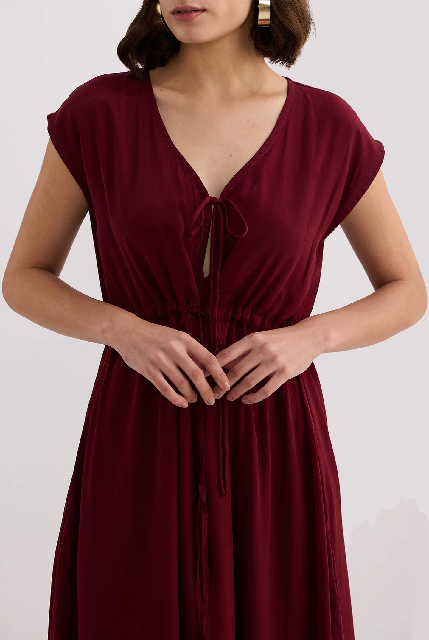 Deep V-neck Gathered Dress in Burgundy Longshot