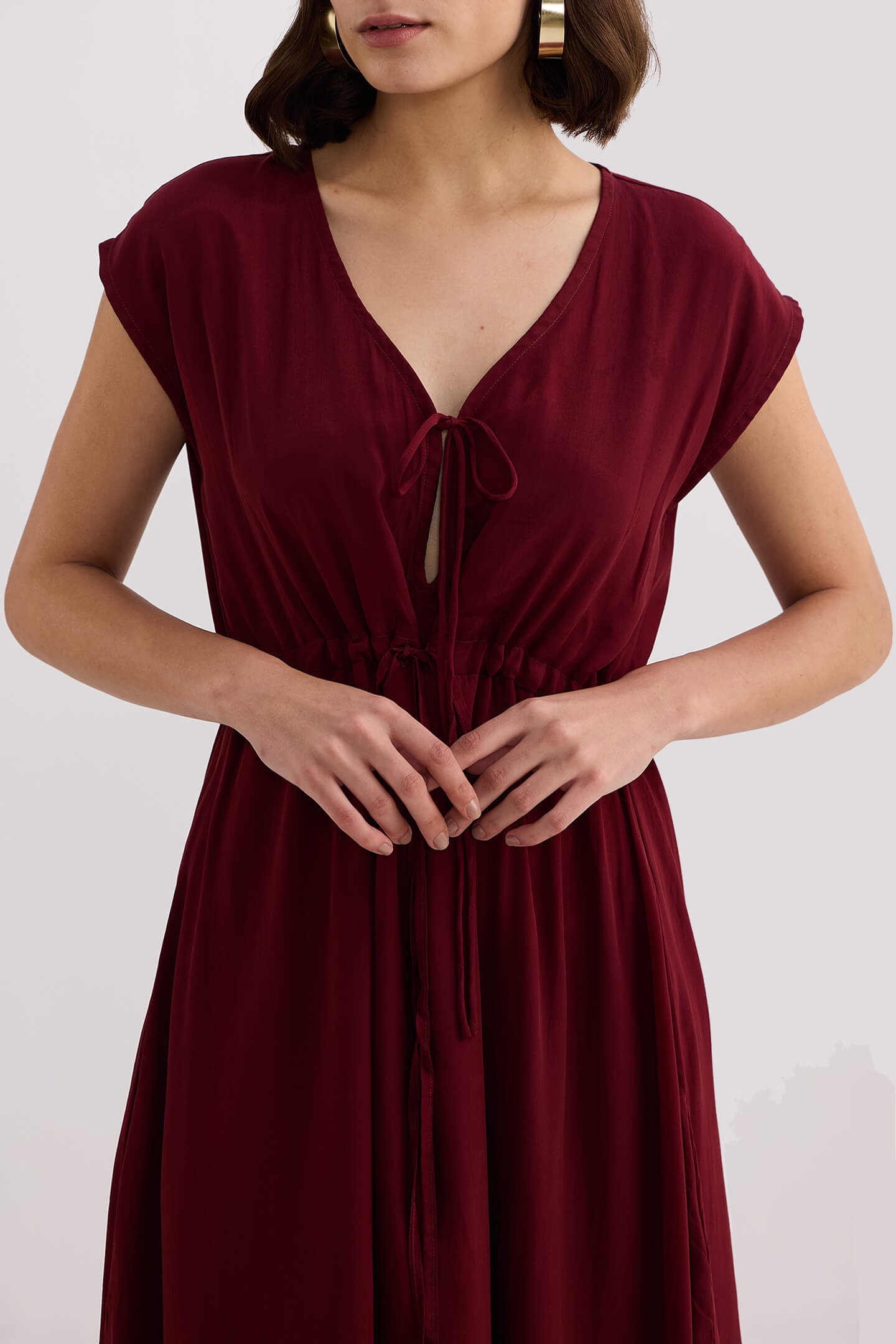 Deep V-neck Gathered Dress in Burgundy Longshot
