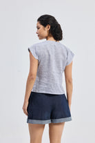 Deep V-neck short top in Linen Stripes Longshot