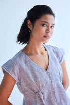 Deep V-neck short top in Linen Stripes Closeup