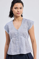 Deep V-neck short top in Linen Stripes Closeup