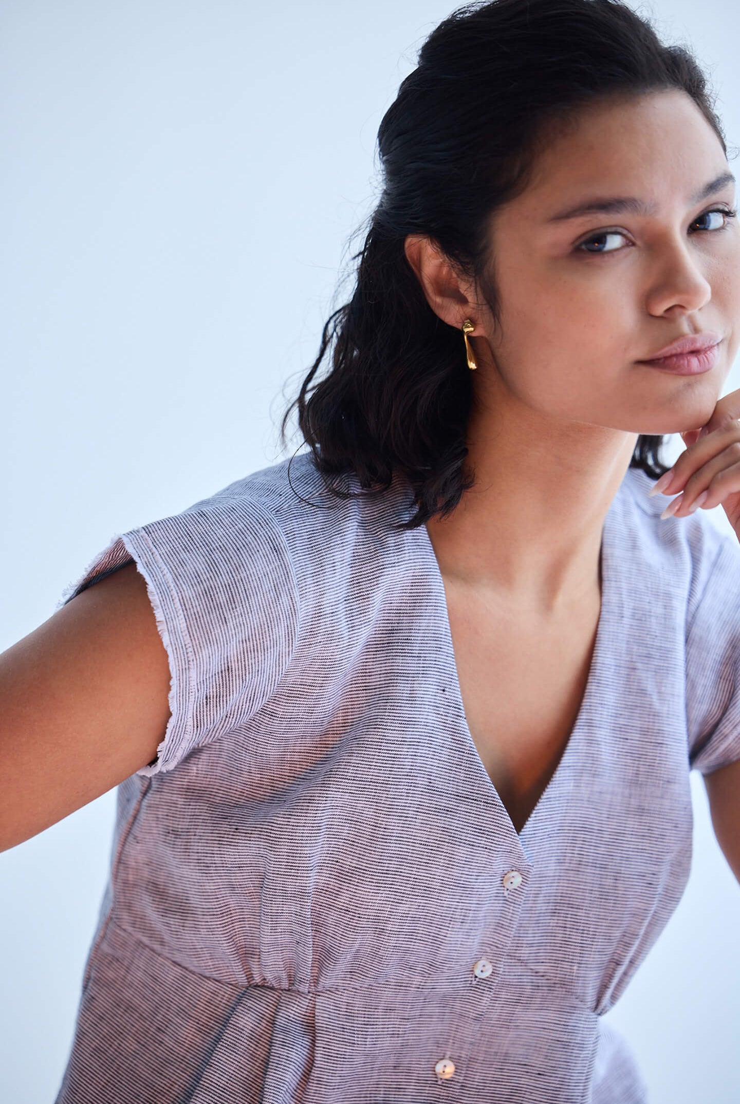 Deep V-neck short top in Linen Stripes Closeup
